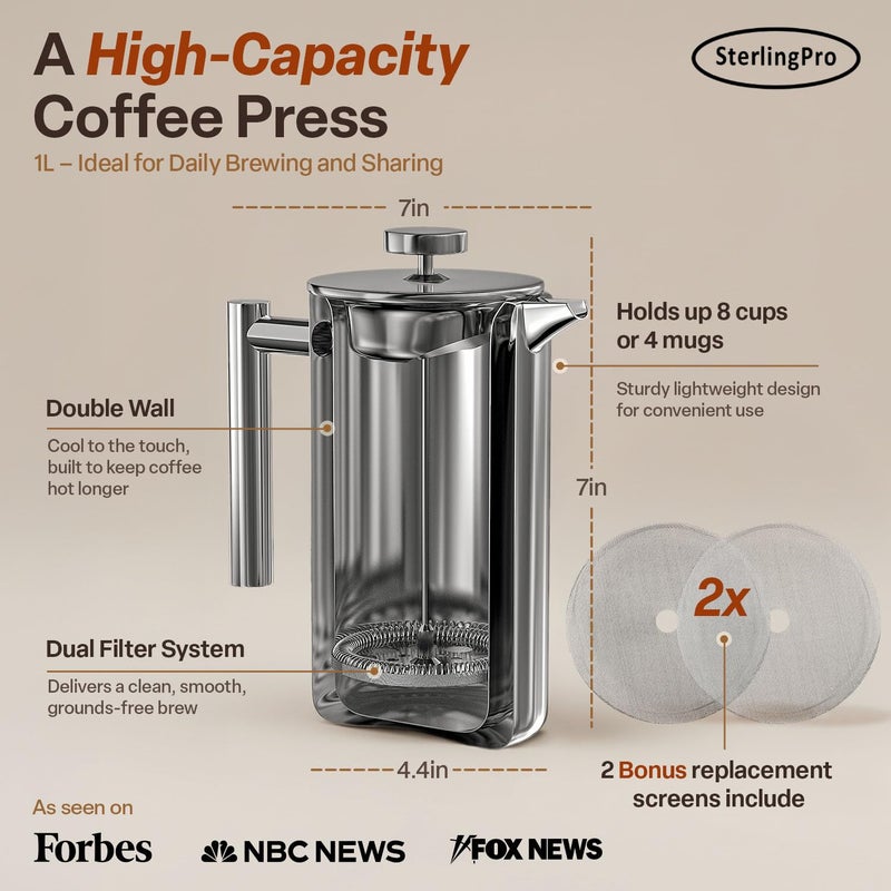 SterlingPro Stainless Steel French Press Coffee Maker Large 1 L(34 oz) Mirror â€“ Durable Double Walled Insulated Coffee Press Keeps Drinks Hot, Easy to Use and Clean Stylish Design for Rich Flavor - Image 3